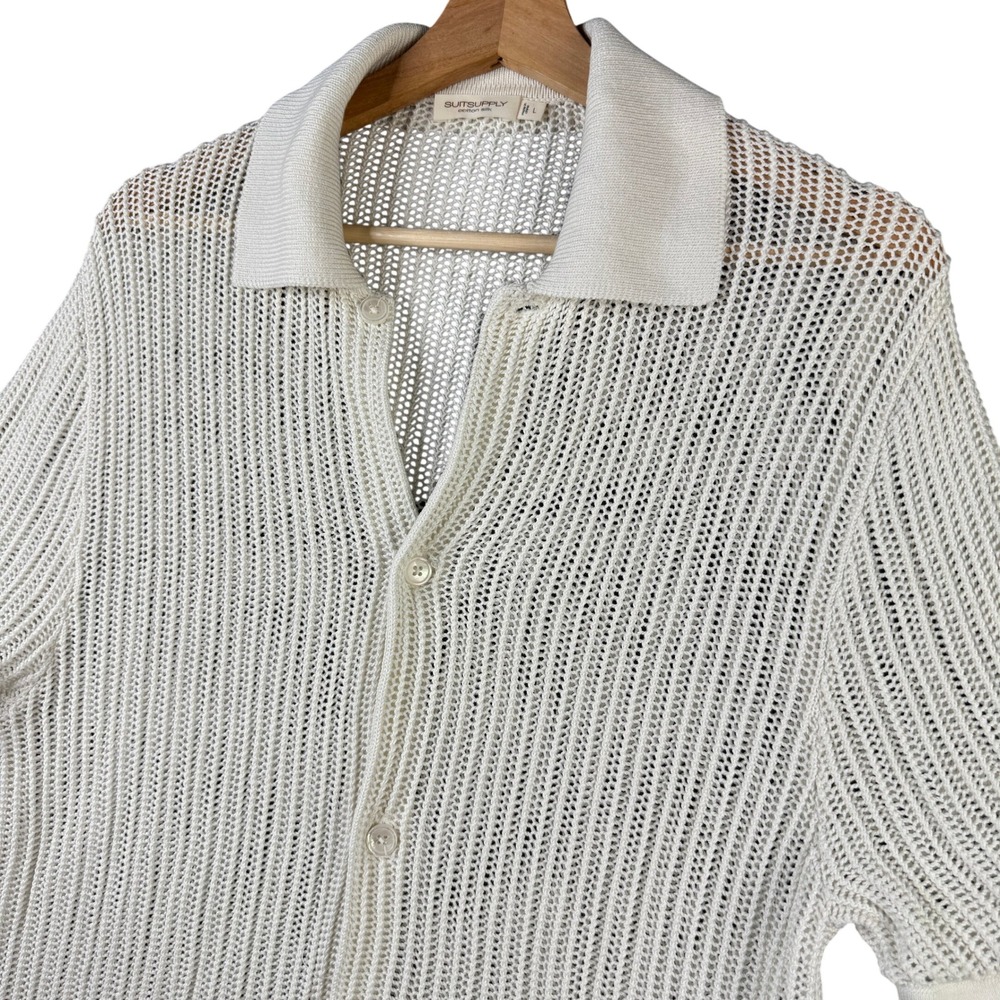 Suitsupply Off White Cotton Silk Open Knit Mesh Button Up Polo Shirt Large